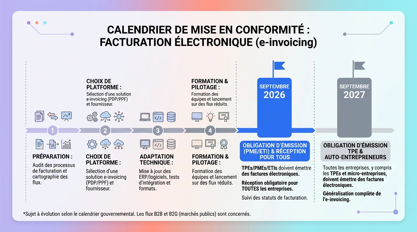 Calendrier visuel de mise en conformité facturation électronique avec les deux échéances de septembre 2026 et septembre 2027 Calendrier visuel de mise en conformité facturation électronique avec les deux échéances de septembre 2026 et septembre 2027