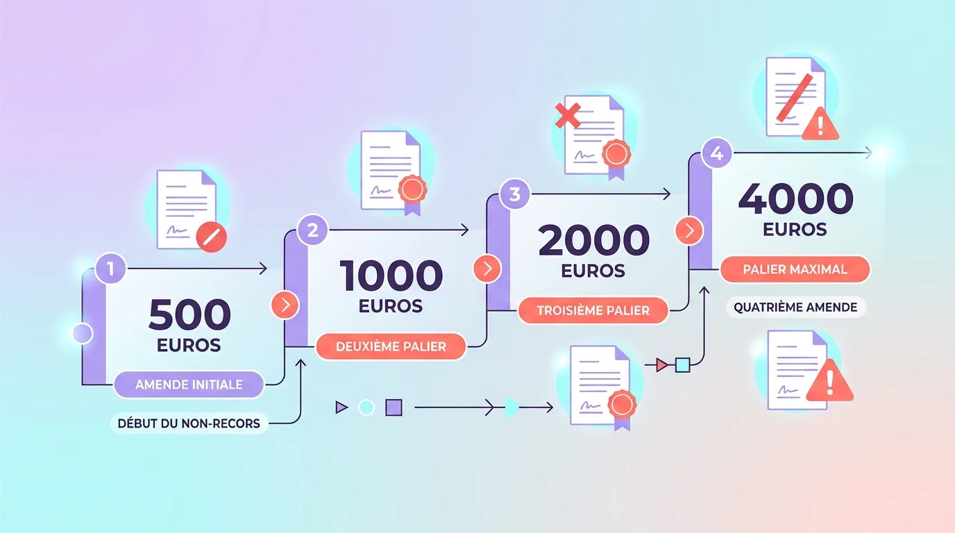 Infographie montrant les paliers d'amendes progressifs de 500 euros à 4000 euros pour non-recours à une plateforme agréée Infographie montrant les paliers d'amendes progressifs de 500 euros à 4000 euros pour non-recours à une plateforme agréée