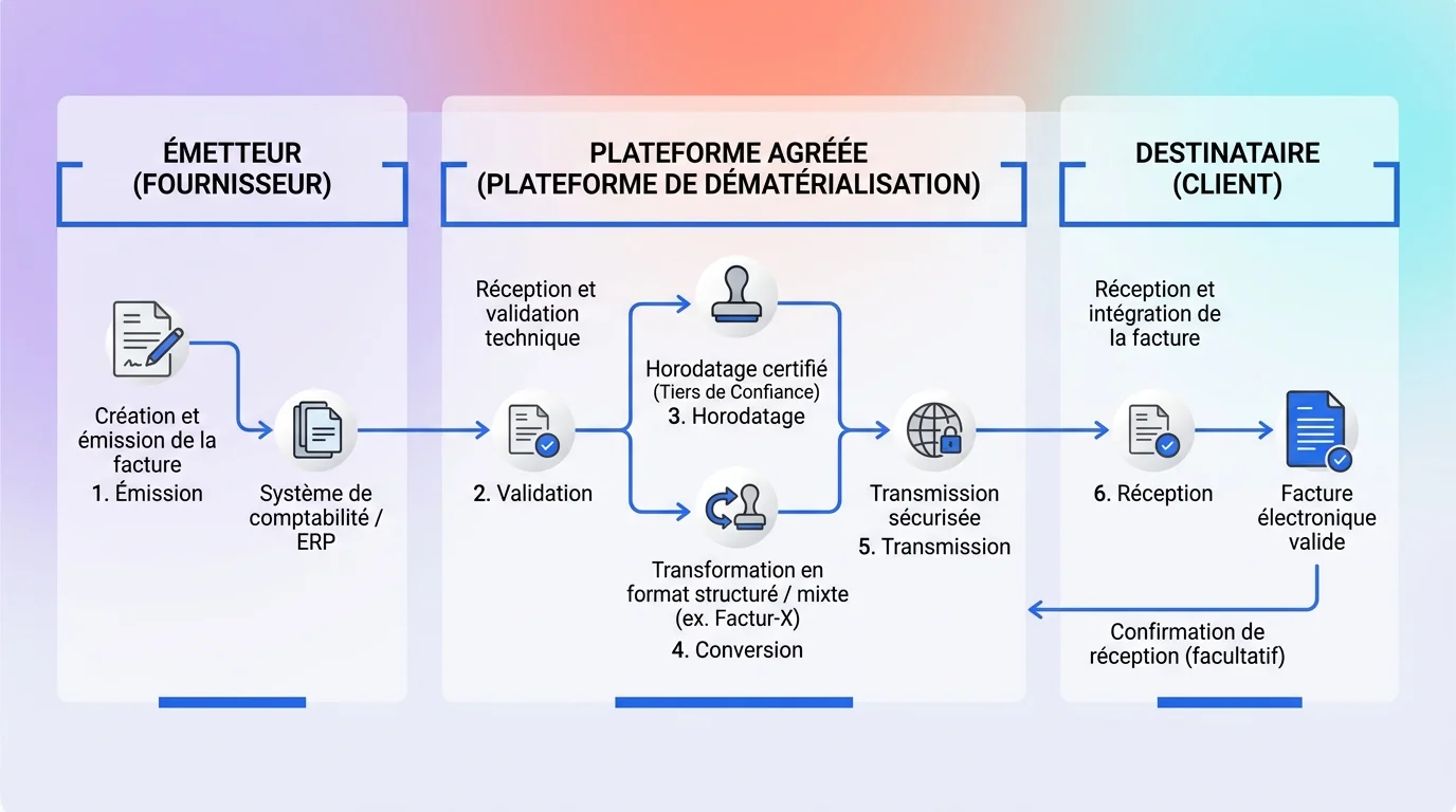 Schéma du flux de facturation électronique entre émetteur, plateforme agréée et destinataire avec horodatage Schéma du flux de facturation électronique entre émetteur, plateforme agréée et destinataire avec horodatage