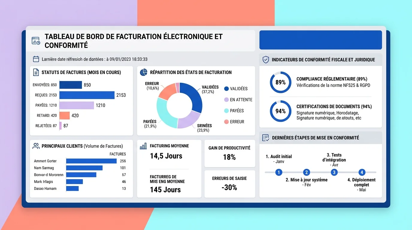 Tableau de bord de facturation électronique montrant les statuts de factures et indicateurs de conformité Tableau de bord de facturation électronique montrant les statuts de factures et indicateurs de conformité