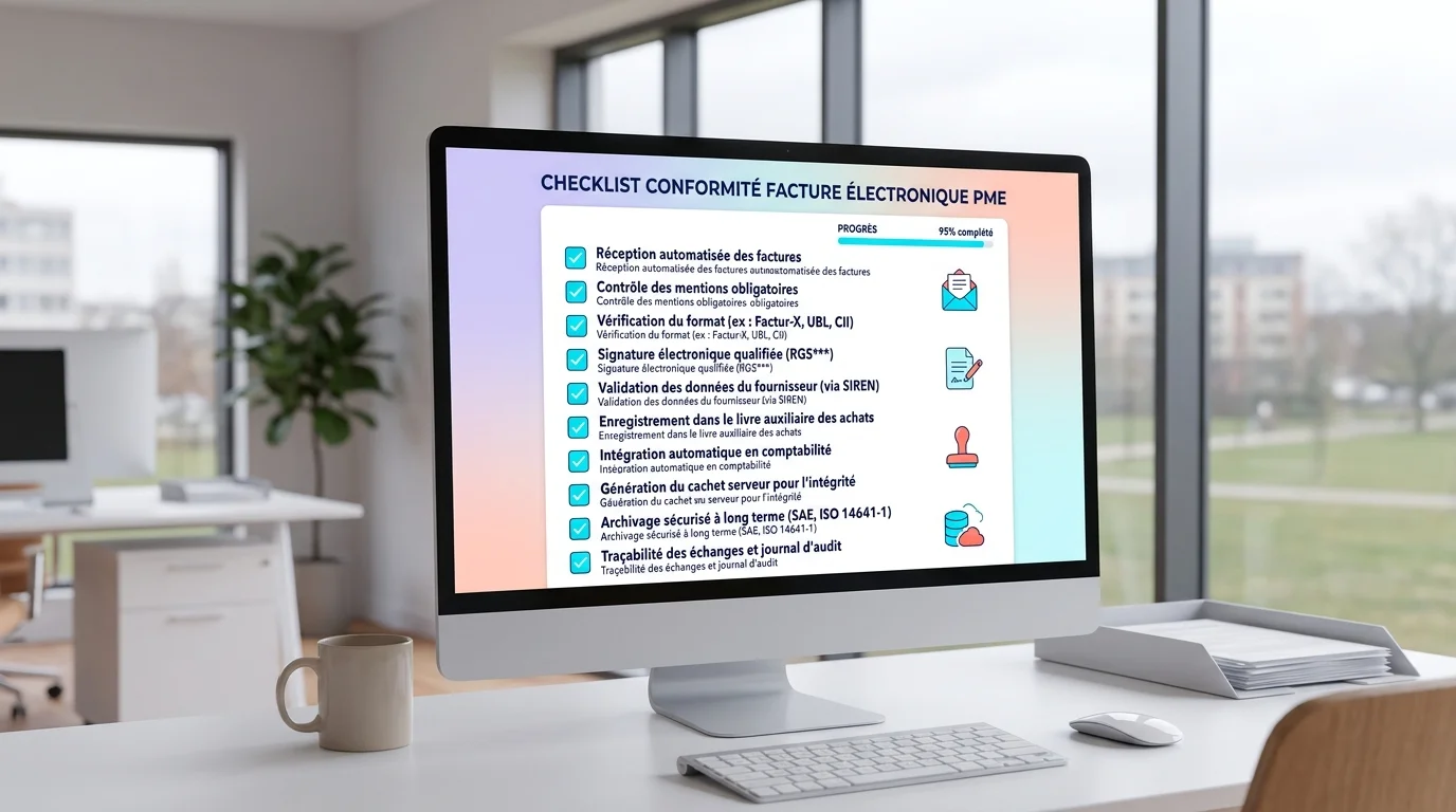 Bureau de PME avec écran affichant une checklist de conformité facture électronique cochée point par point Bureau de PME avec écran affichant une checklist de conformité facture électronique cochée point par point