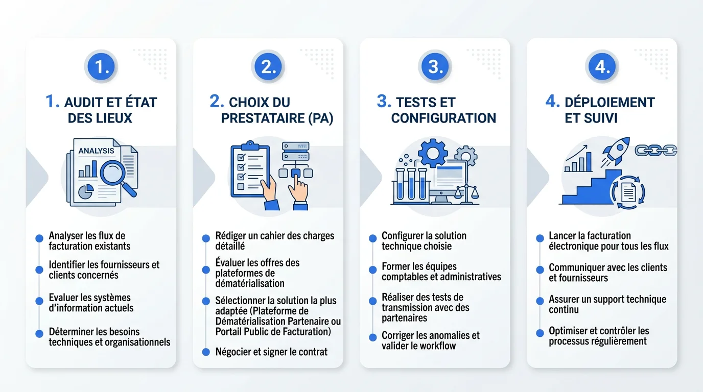 Schéma en quatre étapes de transition PME vers la facturation électronique : audit, choix PA, tests, déploiement Schéma en quatre étapes de transition PME vers la facturation électronique : audit, choix PA, tests, déploiement