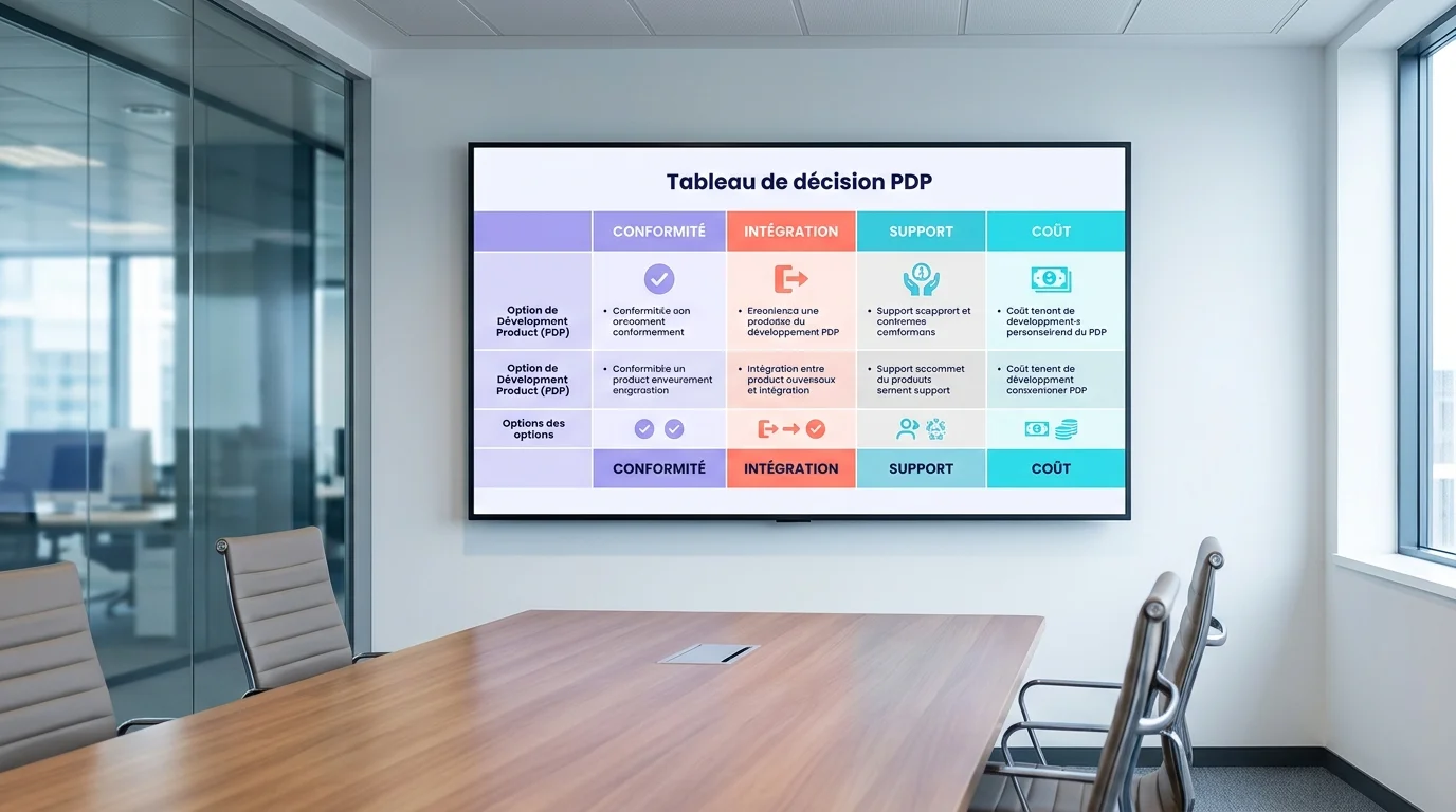 Tableau de décision PDP avec colonnes conformité, intégration, support et coût dans une salle de réunion moderne Tableau de décision PDP avec colonnes conformité, intégration, support et coût dans une salle de réunion moderne