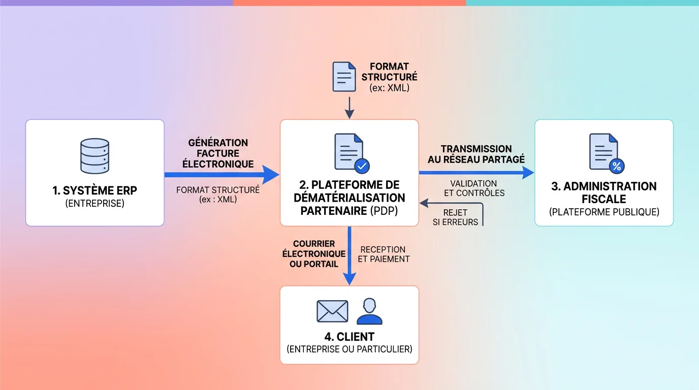 Schéma d'un flux de facture partant d'un ERP vers une PDP puis vers le client et l'administration fiscale Schéma d'un flux de facture partant d'un ERP vers une PDP puis vers le client et l'administration fiscale
