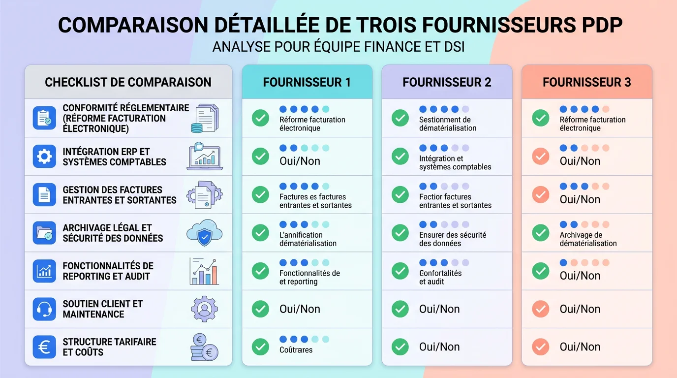 Équipe finance et DSI comparant trois fournisseurs de PDP sur un écran partagé avec checklist détaillée Équipe finance et DSI comparant trois fournisseurs de PDP sur un écran partagé avec checklist détaillée