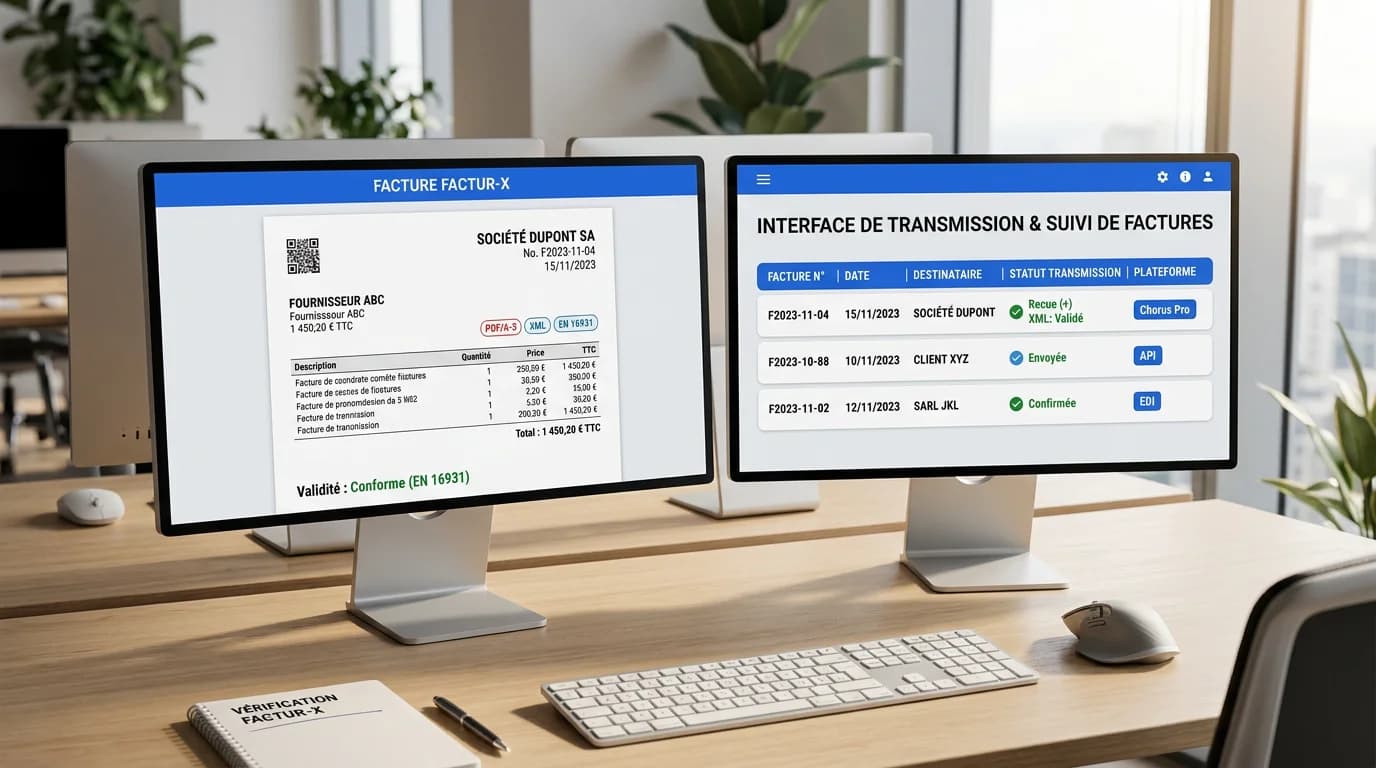 Responsable comptable vérifiant une facture Factur-X et les statuts de transmission sur deux écrans de bureau Responsable comptable vérifiant une facture Factur-X et les statuts de transmission sur deux écrans de bureau