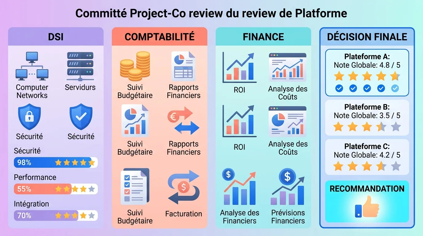 Comité projet réunissant finance, comptabilité et DSI autour d'un tableau de notation de plateformes Comité projet réunissant finance, comptabilité et DSI autour d'un tableau de notation de plateformes