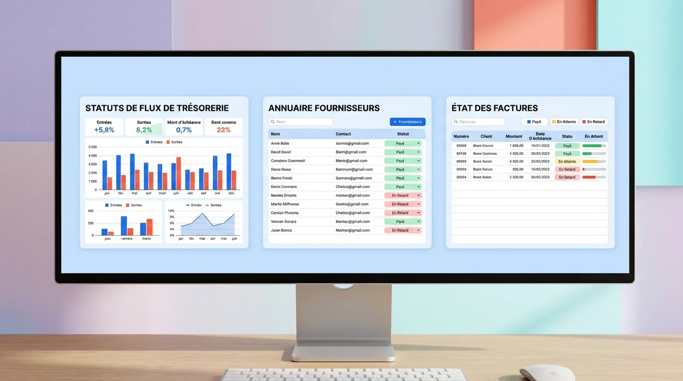 Responsable finance devant un écran montrant annuaire, statuts de flux et factures sur fond bleu clair Responsable finance devant un écran montrant annuaire, statuts de flux et factures sur fond bleu clair