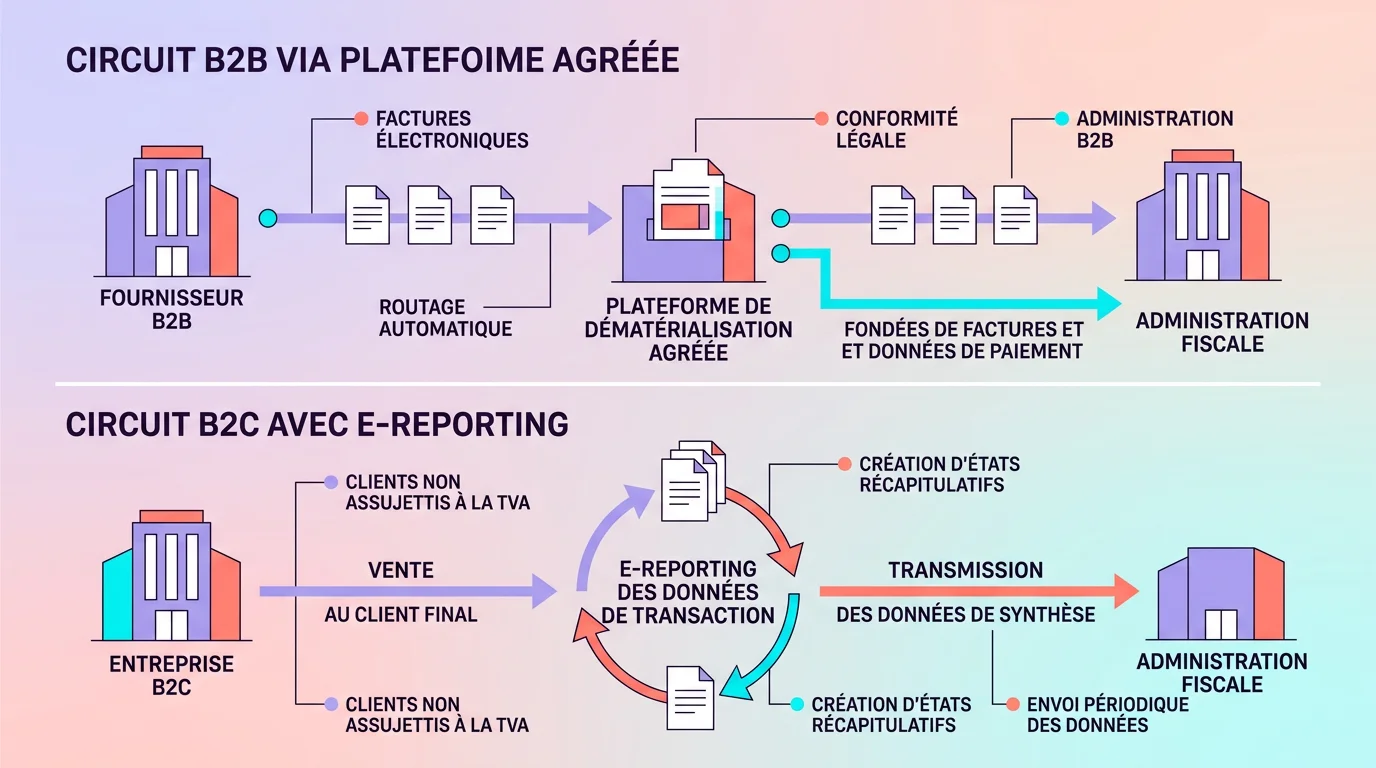 Infographie montrant la différence entre le circuit B2B via plateforme agréée et le circuit B2C avec e-reporting Infographie montrant la différence entre le circuit B2B via plateforme agréée et le circuit B2C avec e-reporting