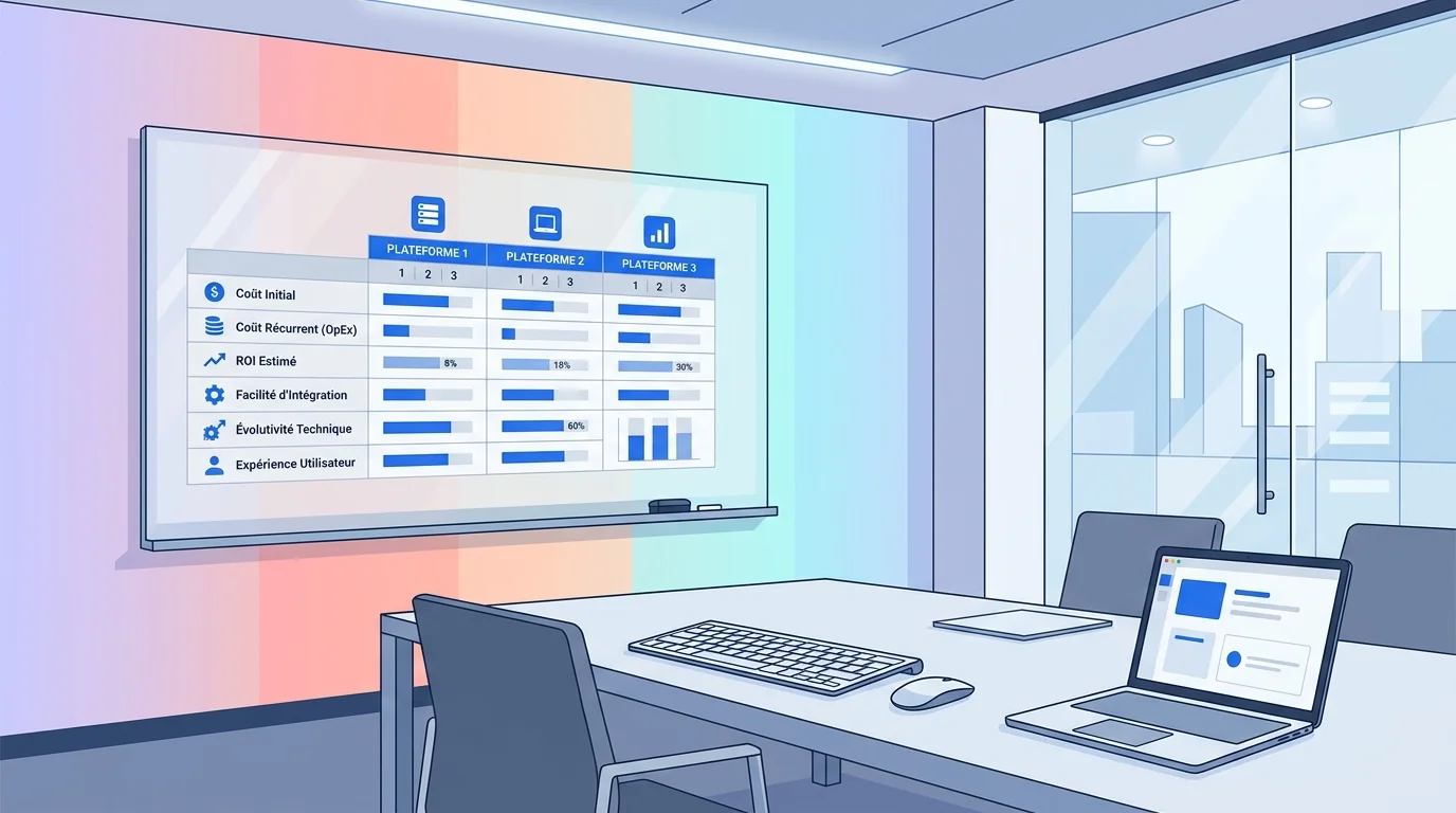 Équipe finance et DSI comparant trois plateformes sur un tableau de notation projet dans un bureau moderne Équipe finance et DSI comparant trois plateformes sur un tableau de notation projet dans un bureau moderne