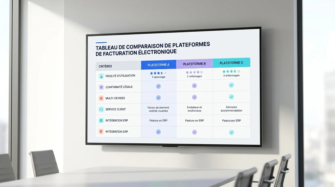 Tableau de comparaison de plateformes de facture électronique affiché sur un écran dans une salle de réunion lumineuse Tableau de comparaison de plateformes de facture électronique affiché sur un écran dans une salle de réunion lumineuse