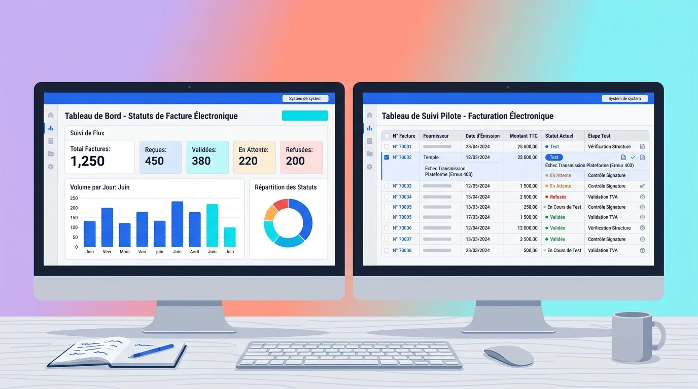 Responsable finance testant des statuts de facture électronique sur deux écrans avec un tableau de suivi de pilote Responsable finance testant des statuts de facture électronique sur deux écrans avec un tableau de suivi de pilote