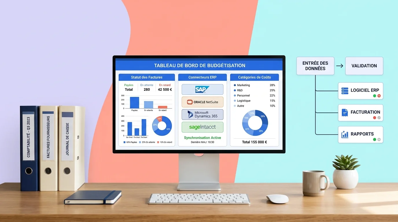 Responsable financier devant un mur d'écrans listant logiciels, statuts de factures et postes de budget dans un bureau moderne Responsable financier devant un mur d'écrans listant logiciels, statuts de factures et postes de budget dans un bureau moderne