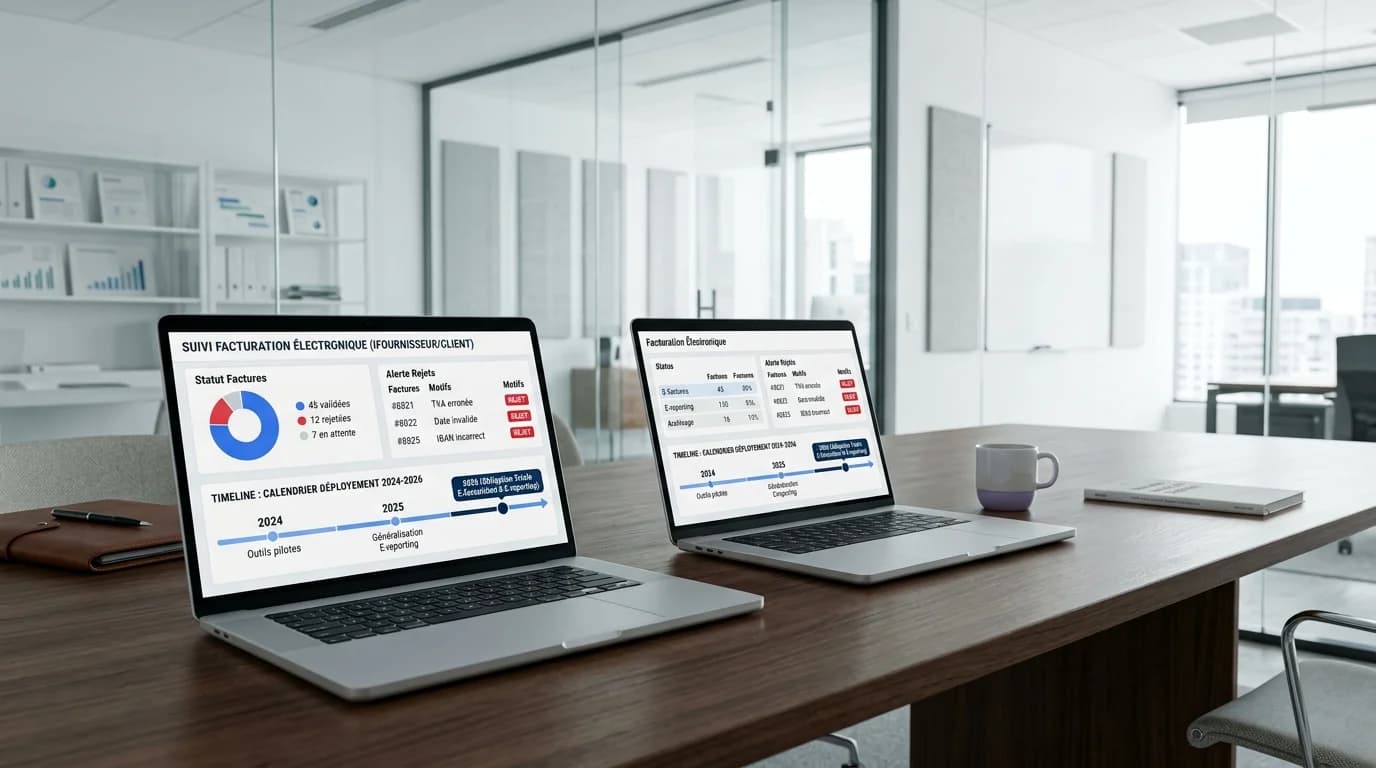 Équipe comptable et DSI suivant des statuts de factures électroniques sur deux écrans autour d'une table de réunion claire Équipe comptable et DSI suivant des statuts de factures électroniques sur deux écrans autour d'une table de réunion claire