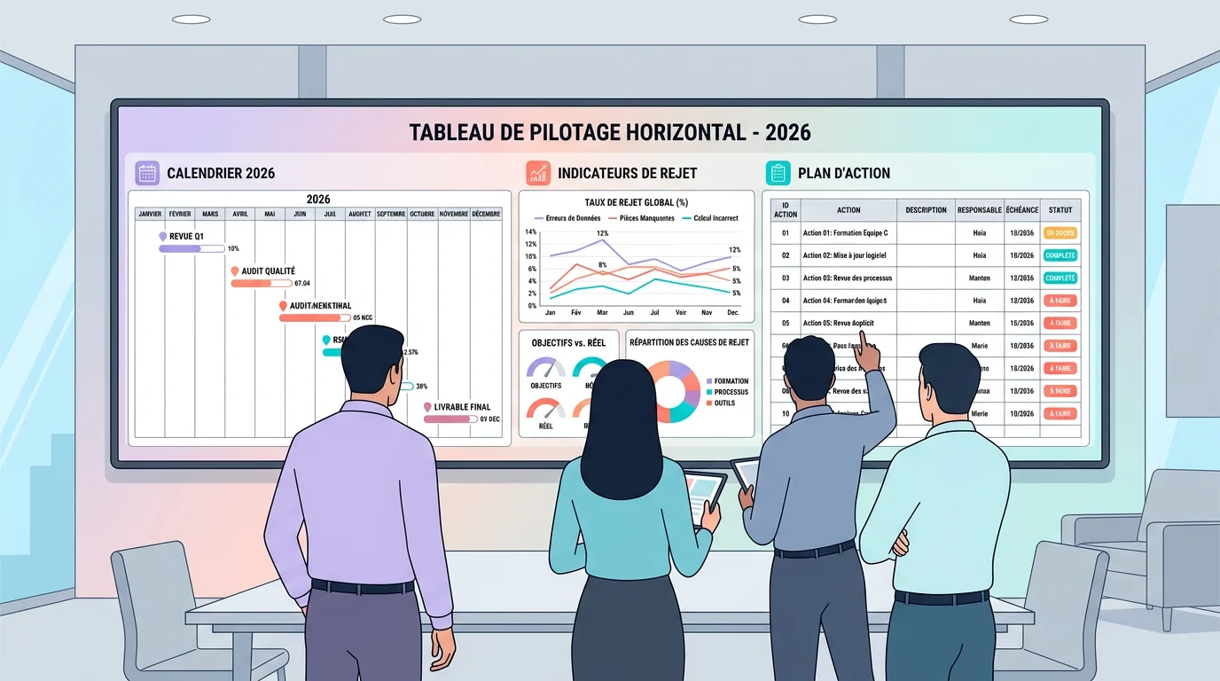 Comité de pilotage PME autour d’un tableau avec calendrier 2026, KPI de rejet et plan d’action Comité de pilotage PME autour d’un tableau avec calendrier 2026, KPI de rejet et plan d’action