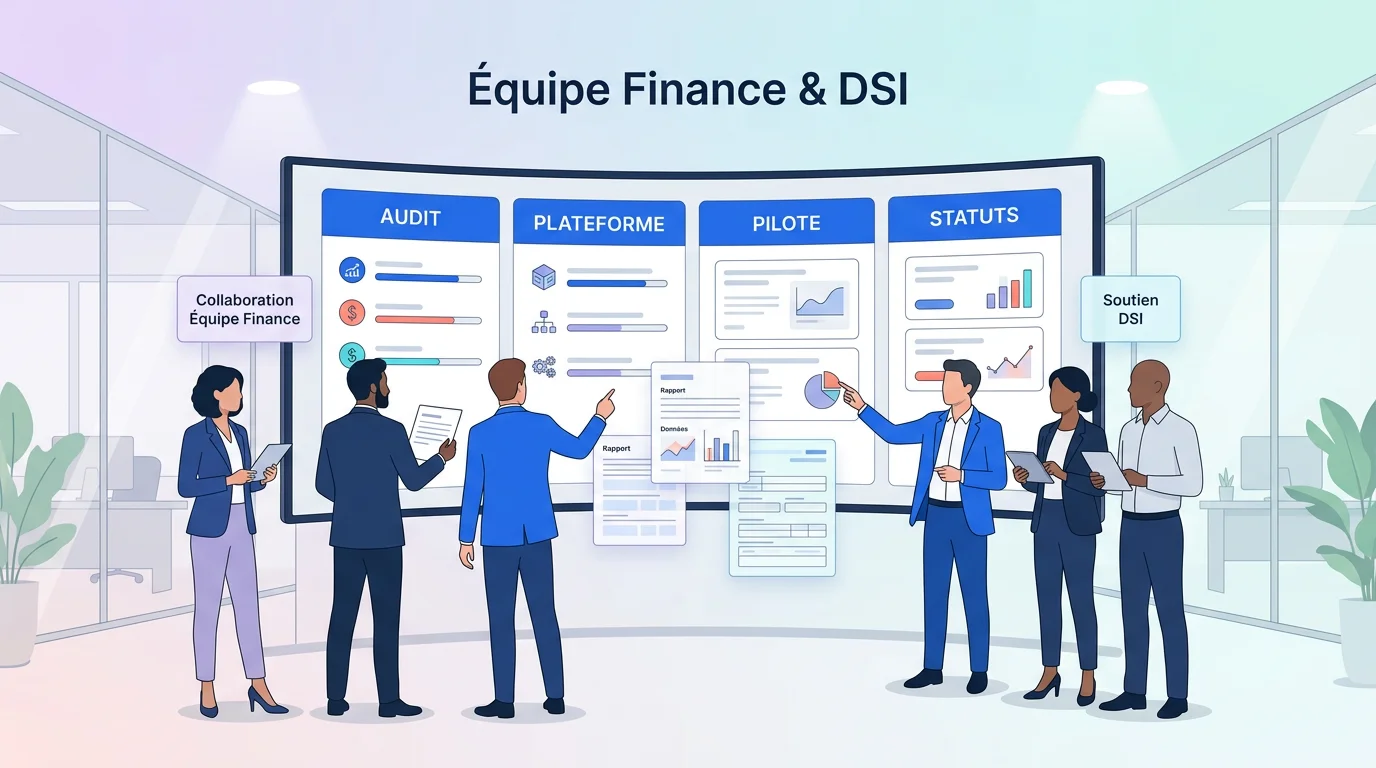 Équipe finance et DSI devant un écran montrant audit, plateforme, pilote et statuts de factures en bleu Équipe finance et DSI devant un écran montrant audit, plateforme, pilote et statuts de factures en bleu