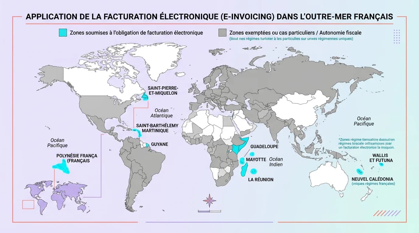 Carte des territoires français d'outre-mer avec indication des zones soumises et exemptées de la facturation électronique Carte des territoires français d'outre-mer avec indication des zones soumises et exemptées de la facturation électronique