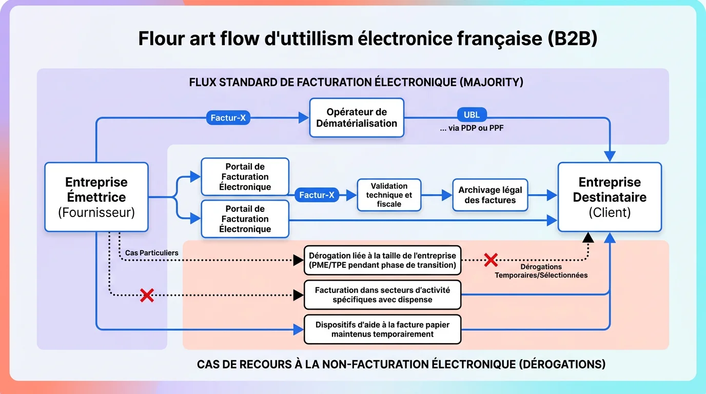 Schéma montrant les flux de facturation électronique entre entreprises françaises avec les cas de dérogation signalés Schéma montrant les flux de facturation électronique entre entreprises françaises avec les cas de dérogation signalés
