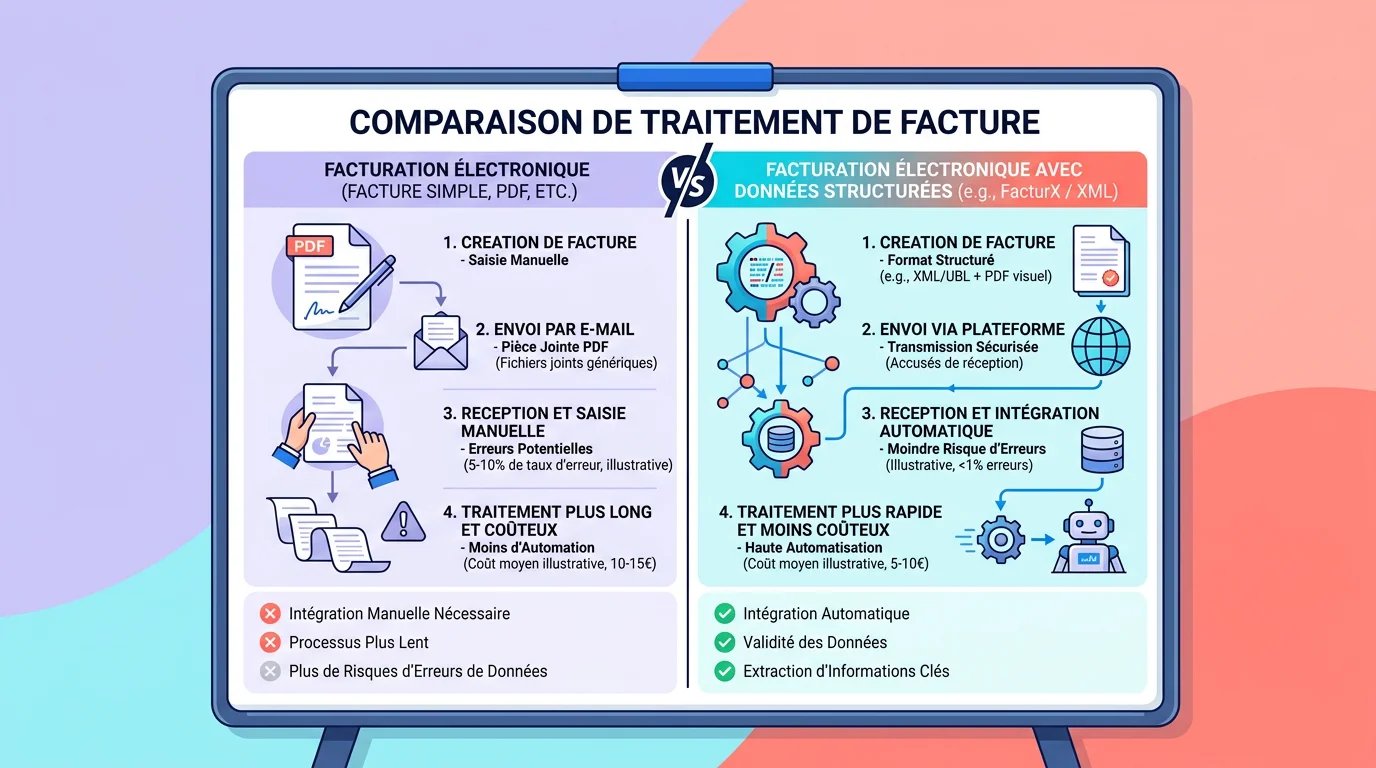 Responsable comptable et dirigeant PME devant un tableau comparant PDF simple et facture électronique structurée avec checklist Responsable comptable et dirigeant PME devant un tableau comparant PDF simple et facture électronique structurée avec checklist