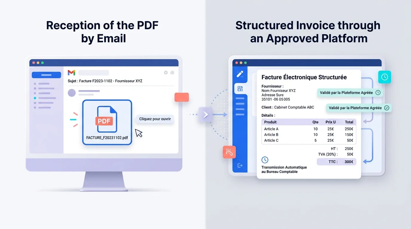 Bureau comptable avec à gauche un PDF sur email et à droite une facture structurée passant par une plateforme agréée Bureau comptable avec à gauche un PDF sur email et à droite une facture structurée passant par une plateforme agréée