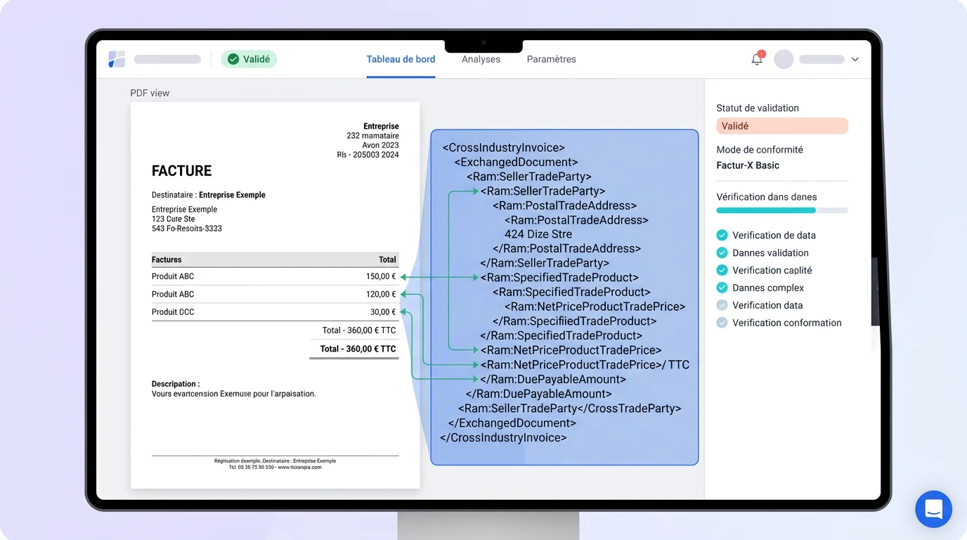 Écran de facture Factur-X montrant un PDF ouvert avec une couche XML structurée représentée en surimpression bleue Écran de facture Factur-X montrant un PDF ouvert avec une couche XML structurée représentée en surimpression bleue