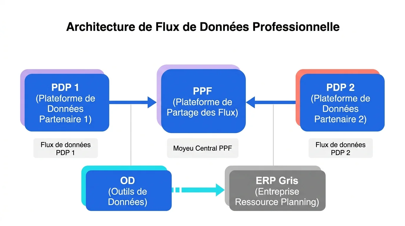Schéma sur fond blanc avec PPF au centre, deux PDP de part et d'autre et un OD relié à un ERP en bas à gauche Schéma sur fond blanc avec PPF au centre, deux PDP de part et d'autre et un OD relié à un ERP en bas à gauche