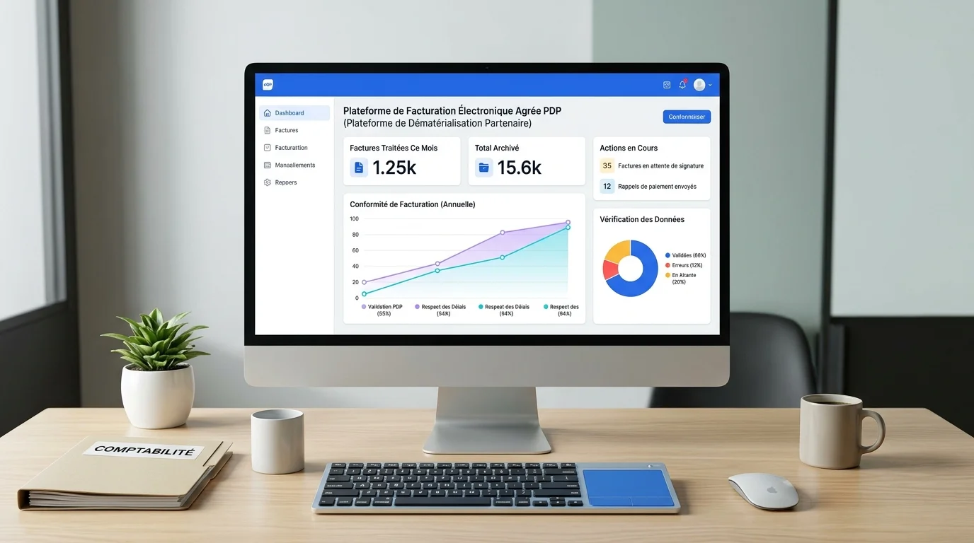 Bureau professionnel avec écran affichant un tableau de bord de facturation électronique, graphiques de conformité et interface de plateforme agréée PDP Bureau professionnel avec écran affichant un tableau de bord de facturation électronique, graphiques de conformité et interface de plateforme agréée PDP