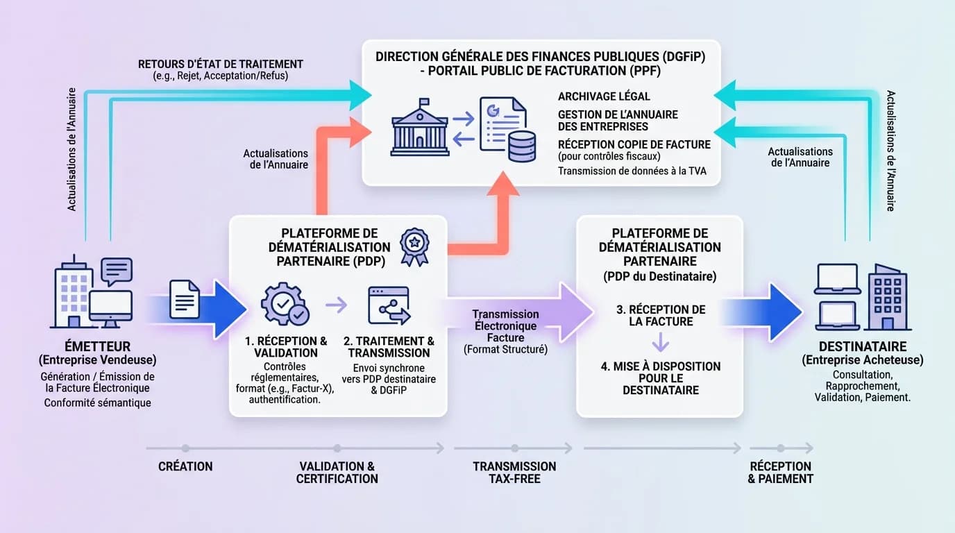 Schéma du flux e-invoicing en France montrant le parcours d'une facture électronique entre émetteur, plateforme agréée PDP et destinataire avec copie vers la DGFiP Schéma du flux e-invoicing en France montrant le parcours d'une facture électronique entre émetteur, plateforme agréée PDP et destinataire avec copie vers la DGFiP