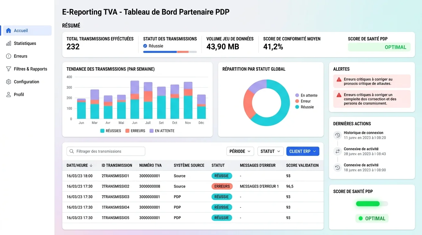 Interface de tableau de bord d'une plateforme de dématérialisation partenaire PDP affichant le suivi des transmissions e-reporting TVA Interface de tableau de bord d'une plateforme de dématérialisation partenaire PDP affichant le suivi des transmissions e-reporting TVA