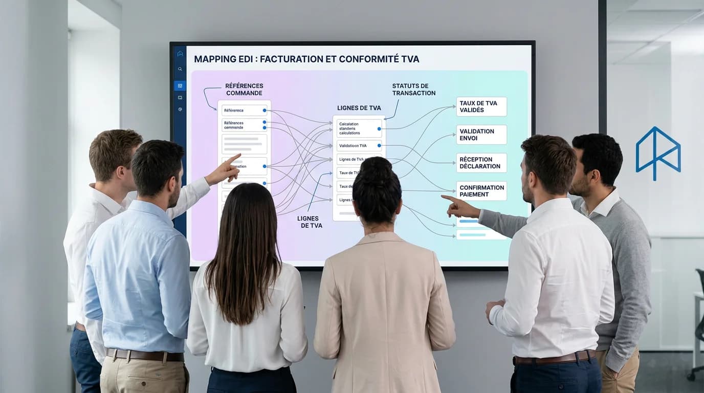 Équipe finance et technique devant un écran de mapping EDI avec lignes de TVA, références commande et statuts Équipe finance et technique devant un écran de mapping EDI avec lignes de TVA, références commande et statuts