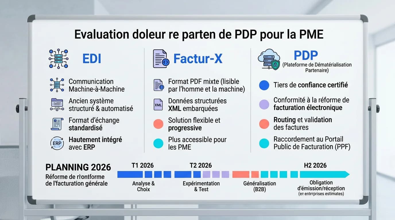 Directrice financière PME comparant EDI, Factur-X et plateforme agréée sur un tableau blanc avec planning 2026 Directrice financière PME comparant EDI, Factur-X et plateforme agréée sur un tableau blanc avec planning 2026