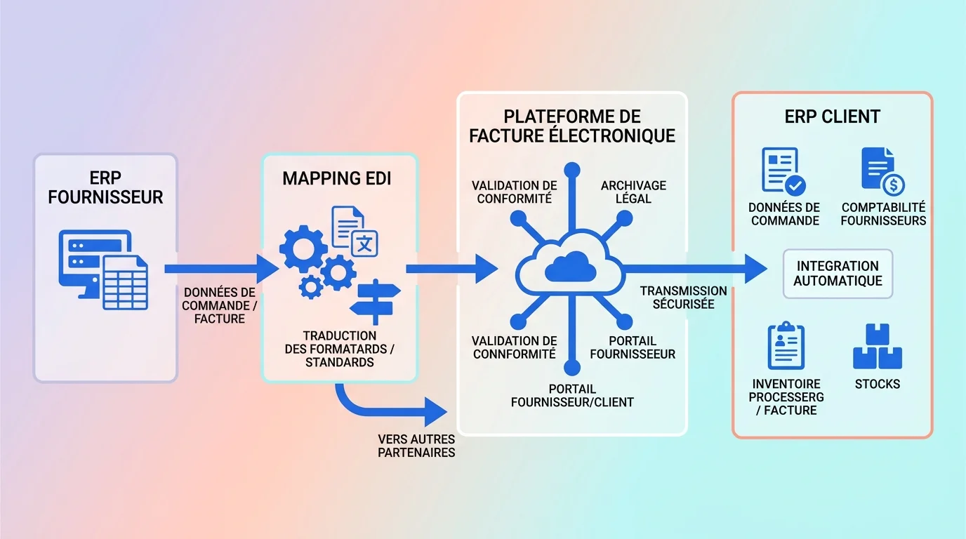 Schéma de bureau montrant ERP fournisseur, mapping EDI, plateforme de facture électronique et ERP client Schéma de bureau montrant ERP fournisseur, mapping EDI, plateforme de facture électronique et ERP client