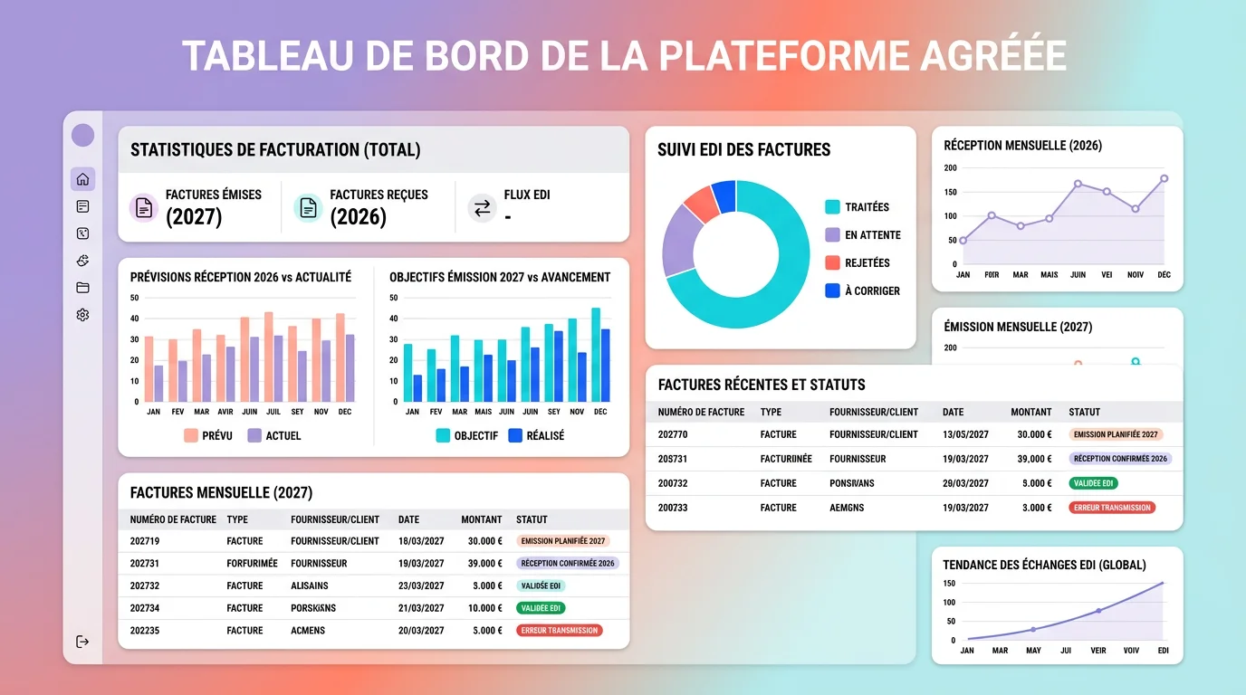 Tableau de bord de plateforme agréée affichant réception 2026, émission 2027 et statuts de factures EDI Tableau de bord de plateforme agréée affichant réception 2026, émission 2027 et statuts de factures EDI