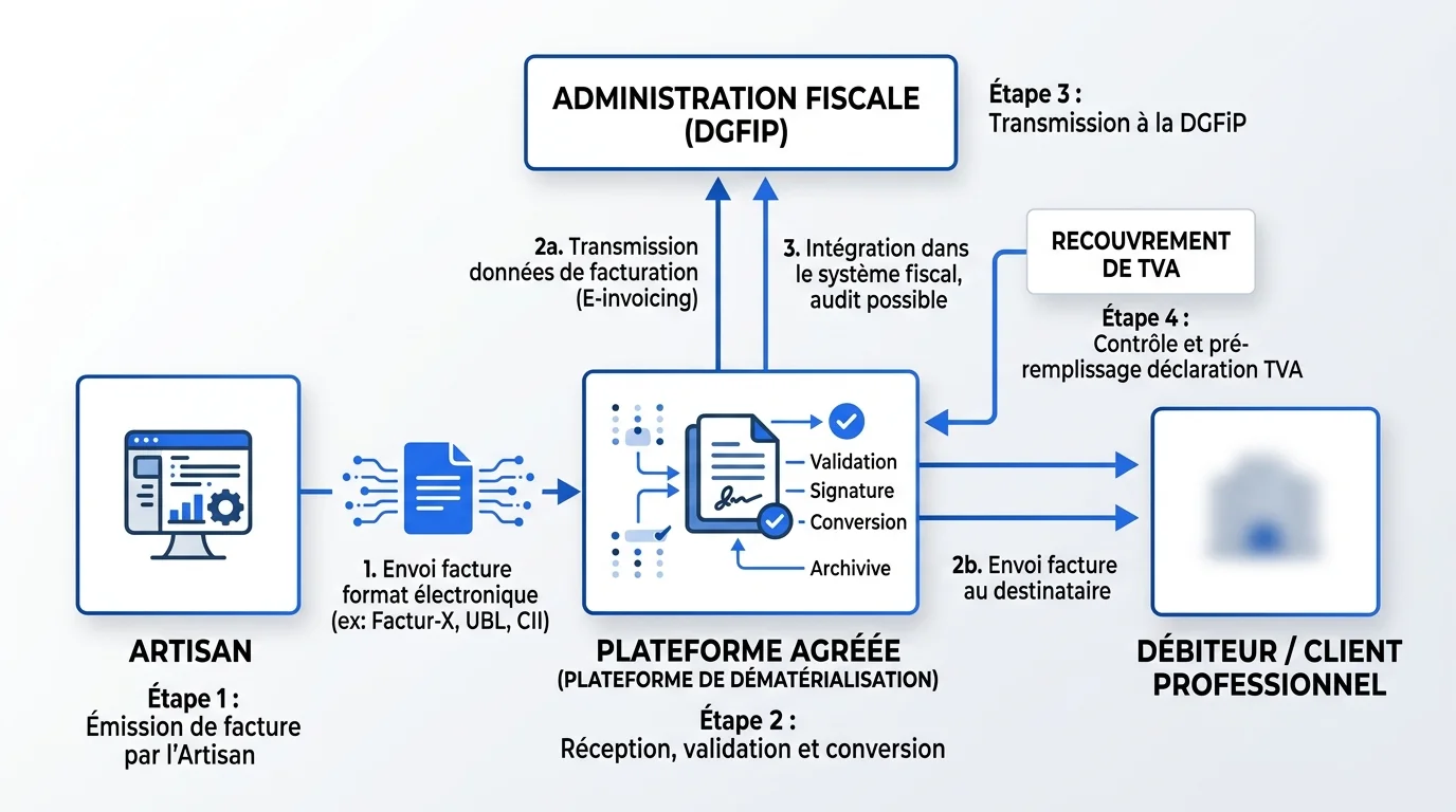 Schéma du flux de facturation électronique entre un artisan, sa plateforme agréée et l'administration fiscale DGFiP Schéma du flux de facturation électronique entre un artisan, sa plateforme agréée et l'administration fiscale DGFiP