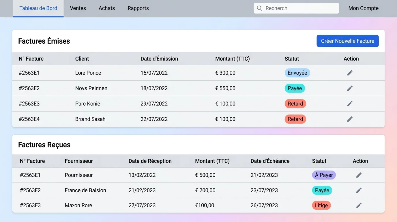 Interface d'une plateforme agréée de facturation électronique affichant un tableau de bord avec factures émises et reçues pour un artisan Interface d'une plateforme agréée de facturation électronique affichant un tableau de bord avec factures émises et reçues pour un artisan
