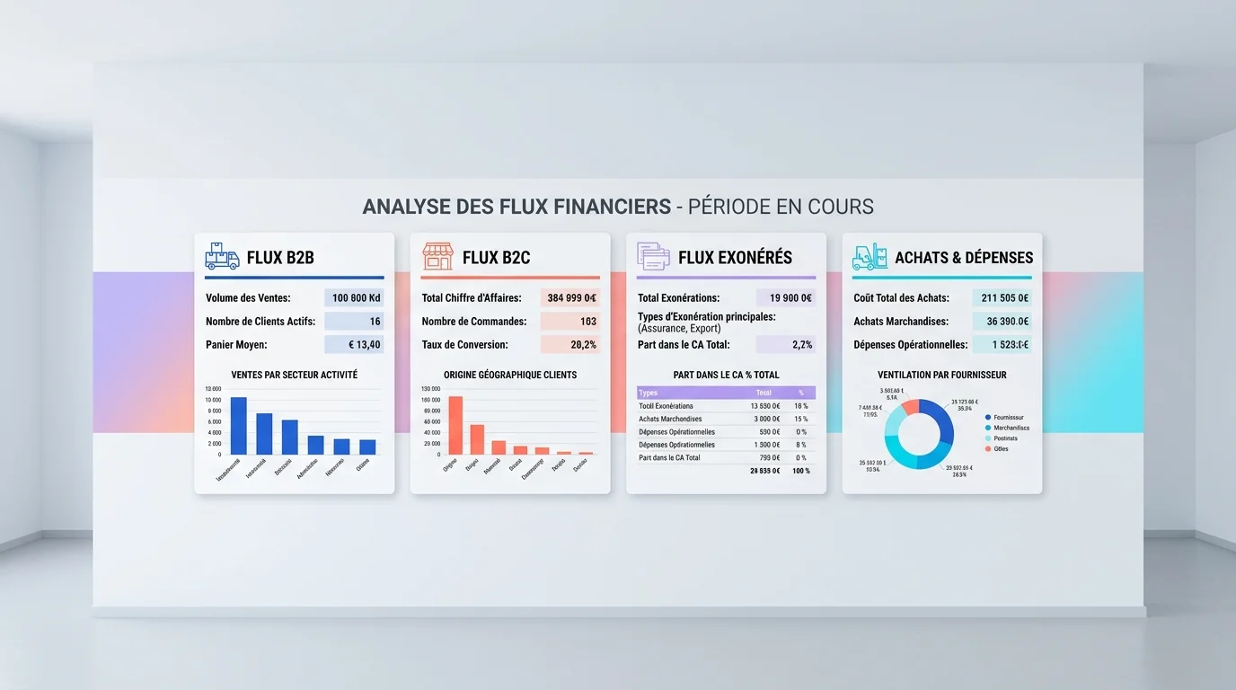 Responsable financier devant un tableau mural séparant flux B2B, B2C, exonérés et achats sur fond bleu clair Responsable financier devant un tableau mural séparant flux B2B, B2C, exonérés et achats sur fond bleu clair