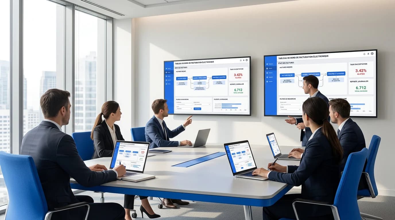 Équipe comptable et dirigeant suivant des statuts de factures électroniques sur deux écrans dans une salle de réunion lumineuse Équipe comptable et dirigeant suivant des statuts de factures électroniques sur deux écrans dans une salle de réunion lumineuse