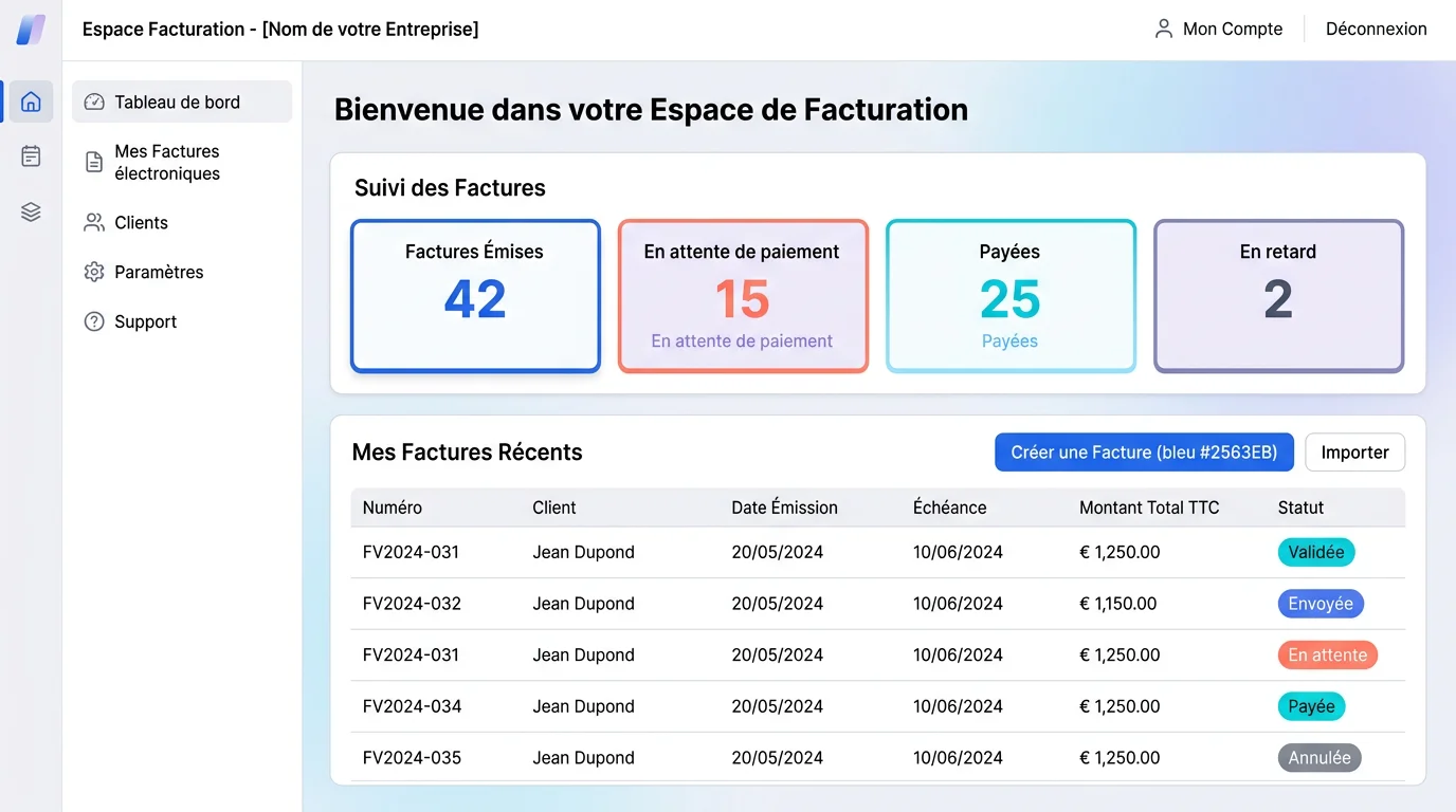 Tableau de bord d'une plateforme agréée affichant les statuts de factures électroniques d'un micro-entrepreneur Tableau de bord d'une plateforme agréée affichant les statuts de factures électroniques d'un micro-entrepreneur