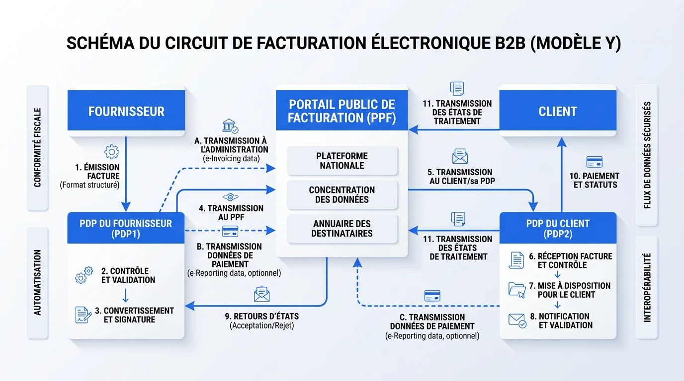 Schéma du circuit de facturation électronique B2B entre fournisseur, PDP et client via le portail public de facturation Schéma du circuit de facturation électronique B2B entre fournisseur, PDP et client via le portail public de facturation