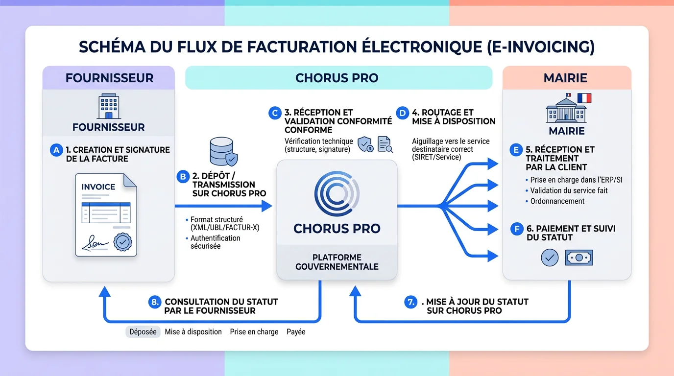 Schéma du flux de facturation électronique entre une entreprise fournisseur, Chorus Pro et une mairie, avec flèches bleues sur fond blanc Schéma du flux de facturation électronique entre une entreprise fournisseur, Chorus Pro et une mairie, avec flèches bleues sur fond blanc