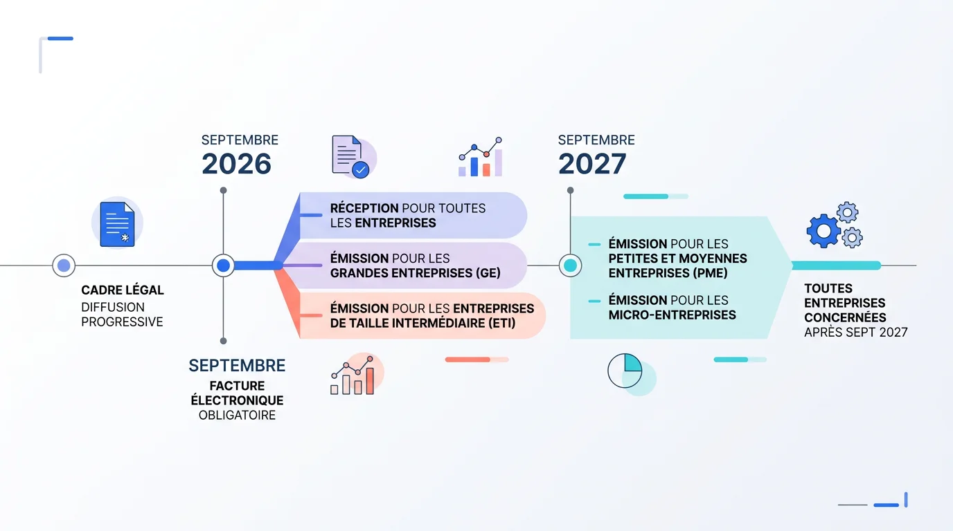 Schéma chronologique montrant les dates clés septembre 2026 et septembre 2027 de la réforme facturation électronique en France, avec distinction GE/ETI et PME/micro sur fond blanc avec accent bleu Schéma chronologique montrant les dates clés septembre 2026 et septembre 2027 de la réforme facturation électronique en France, avec distinction GE/ETI et PME/micro sur fond blanc avec accent bleu
