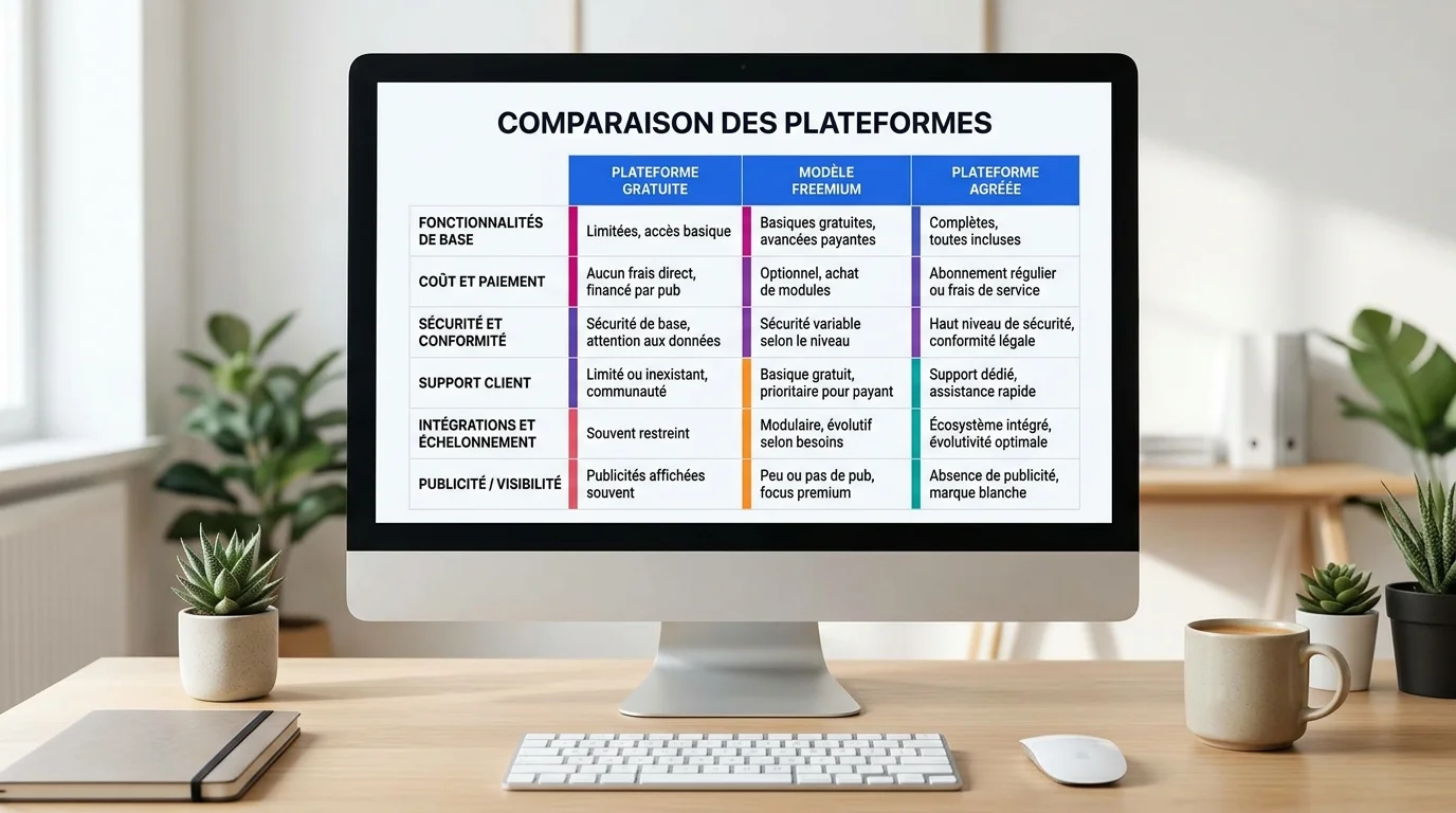 Bureau lumineux avec écran montrant tableau comparatif entre gratuit, freemium et plateforme agréée sur fond bleu Bureau lumineux avec écran montrant tableau comparatif entre gratuit, freemium et plateforme agréée sur fond bleu