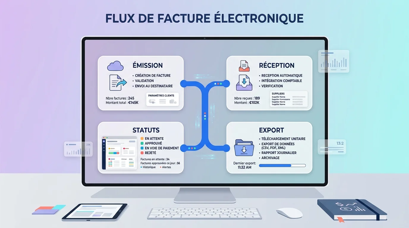 Équipe finance autour d’un écran affichant émission, réception, statuts et export de facture électronique dans un flux bleu Équipe finance autour d’un écran affichant émission, réception, statuts et export de facture électronique dans un flux bleu