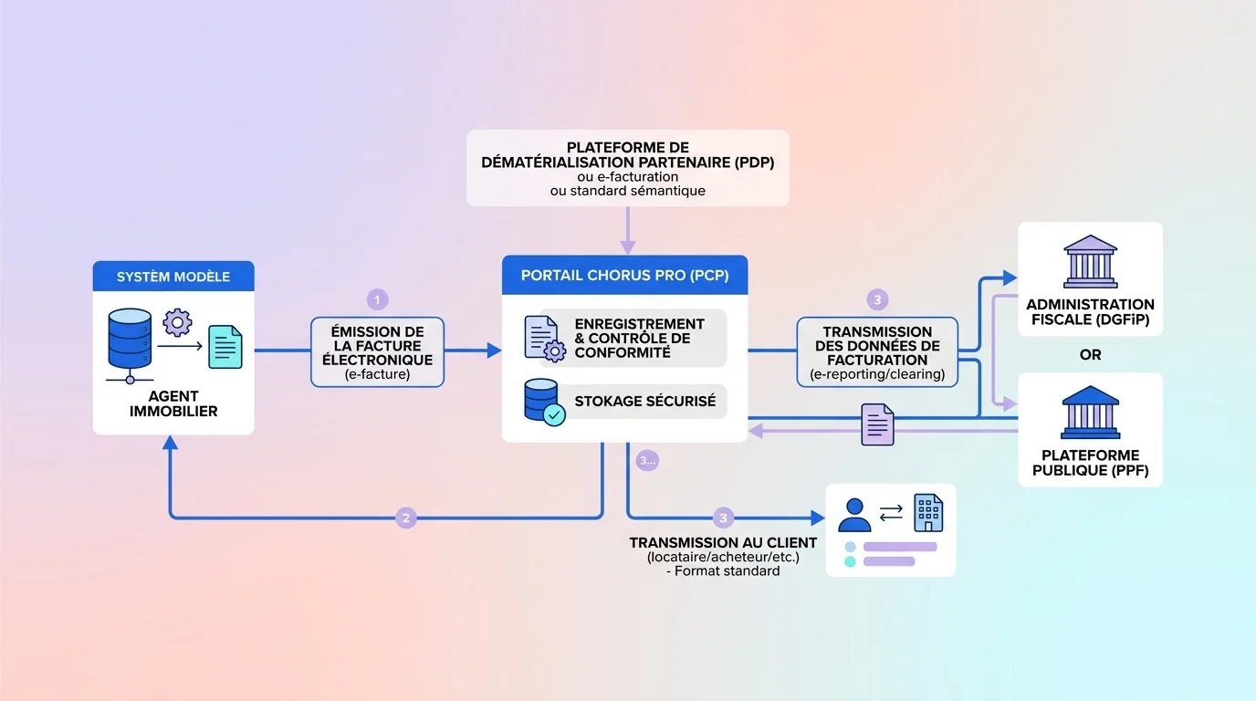 Schéma des flux de facturation électronique entre agent immobilier, plateforme agréée et administration fiscale Schéma des flux de facturation électronique entre agent immobilier, plateforme agréée et administration fiscale