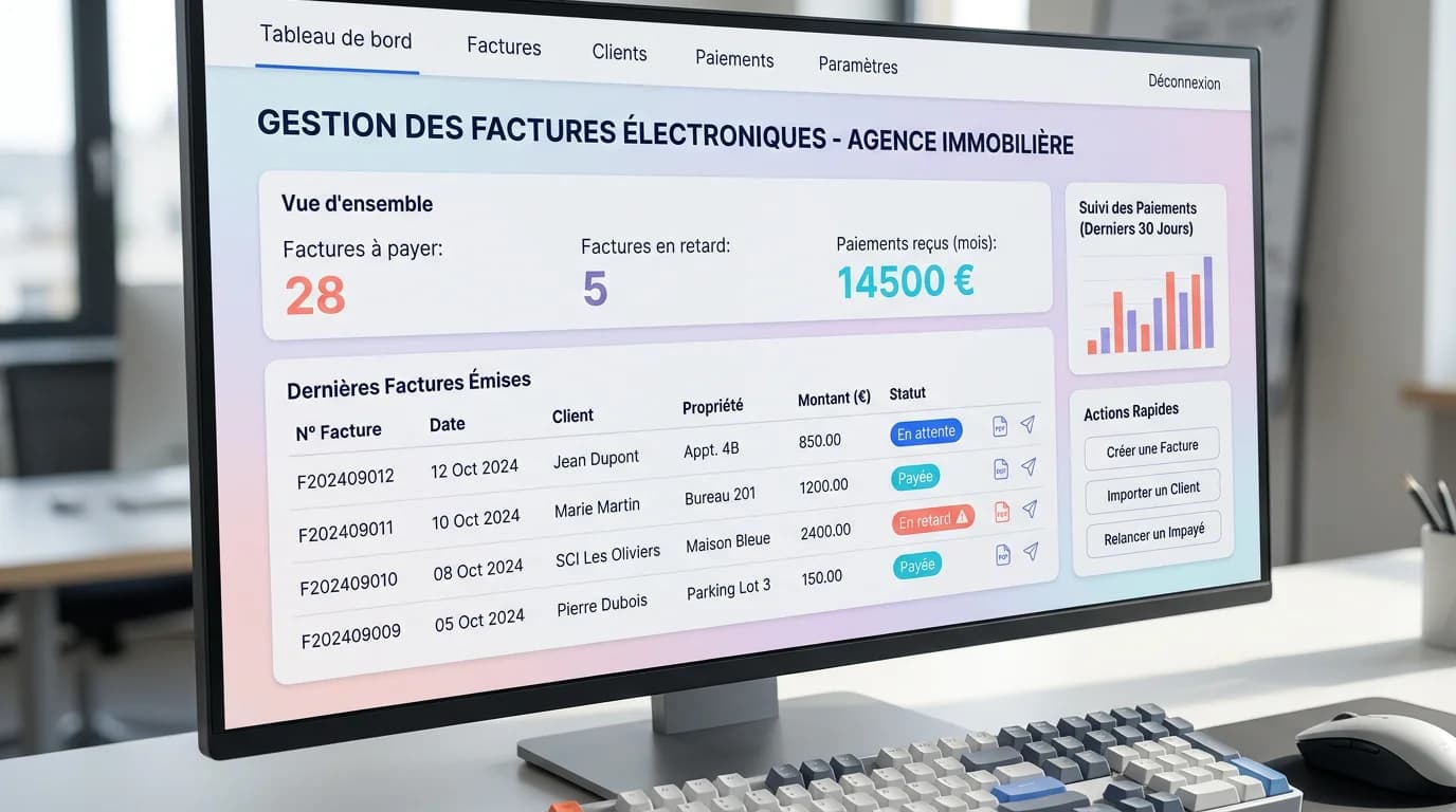 Écran d'une plateforme agréée affichant le tableau de bord de gestion des factures électroniques pour une agence immobilière Écran d'une plateforme agréée affichant le tableau de bord de gestion des factures électroniques pour une agence immobilière