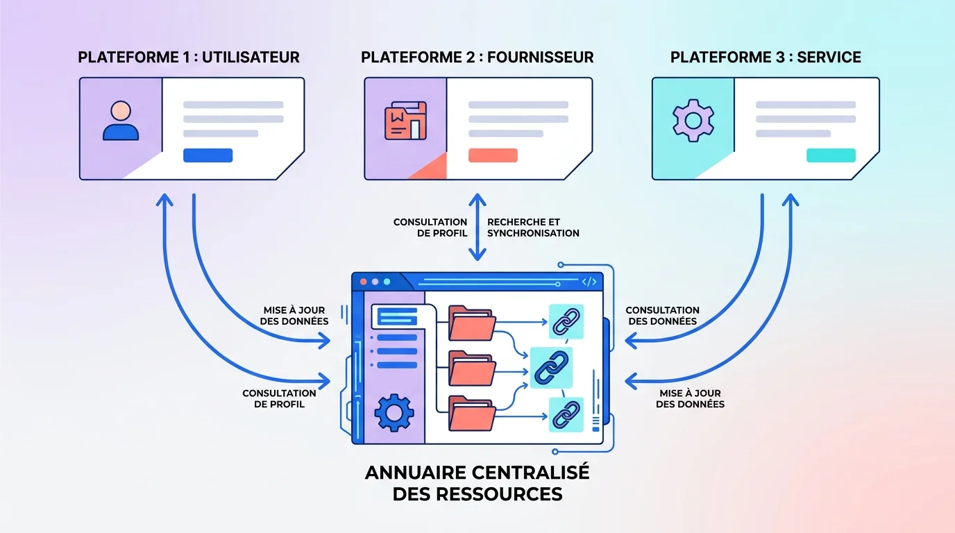 Schéma horizontal de trois plateformes agréées connectées par des flèches au-dessus d'un annuaire central, fond clair Schéma horizontal de trois plateformes agréées connectées par des flèches au-dessus d'un annuaire central, fond clair