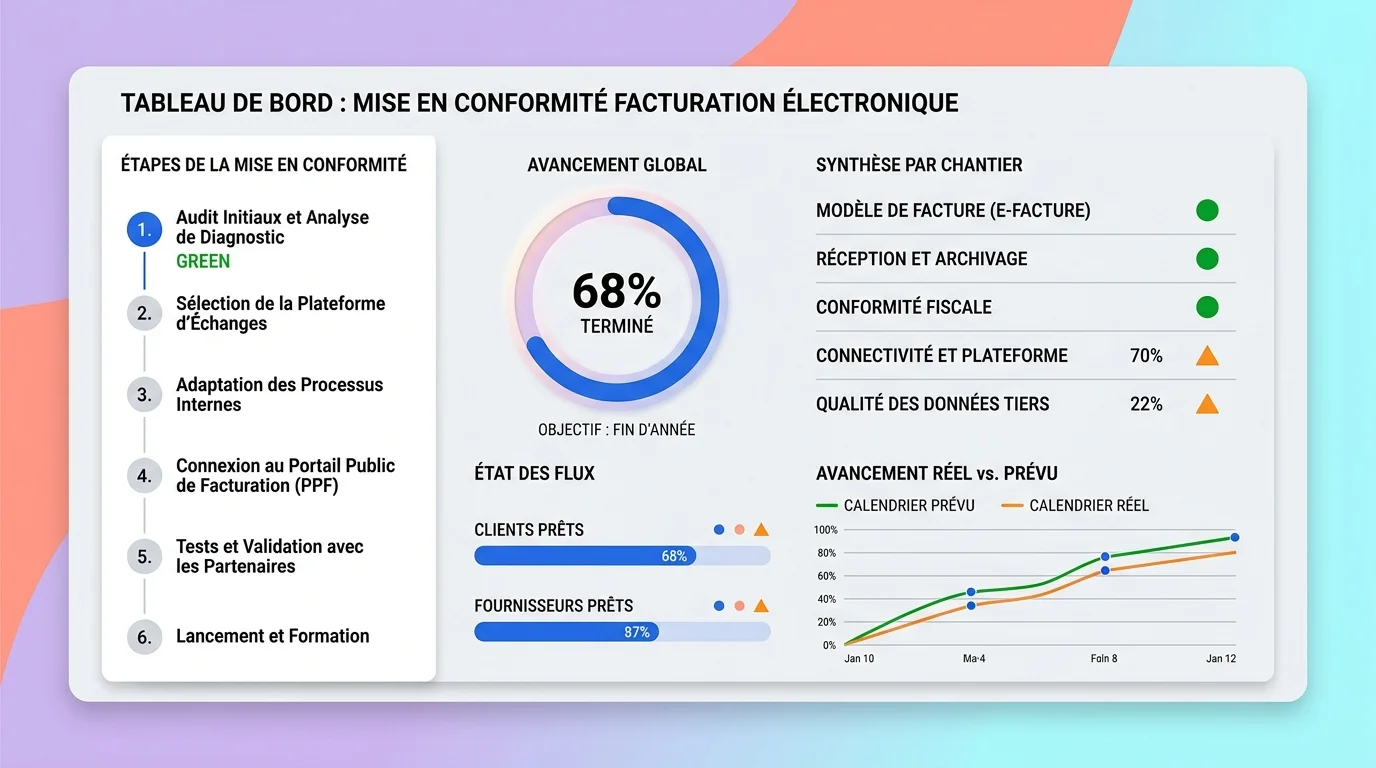 Tableau de bord d'une PME affichant la progression de sa mise en conformité facturation électronique avec des indicateurs verts et oranges Tableau de bord d'une PME affichant la progression de sa mise en conformité facturation électronique avec des indicateurs verts et oranges