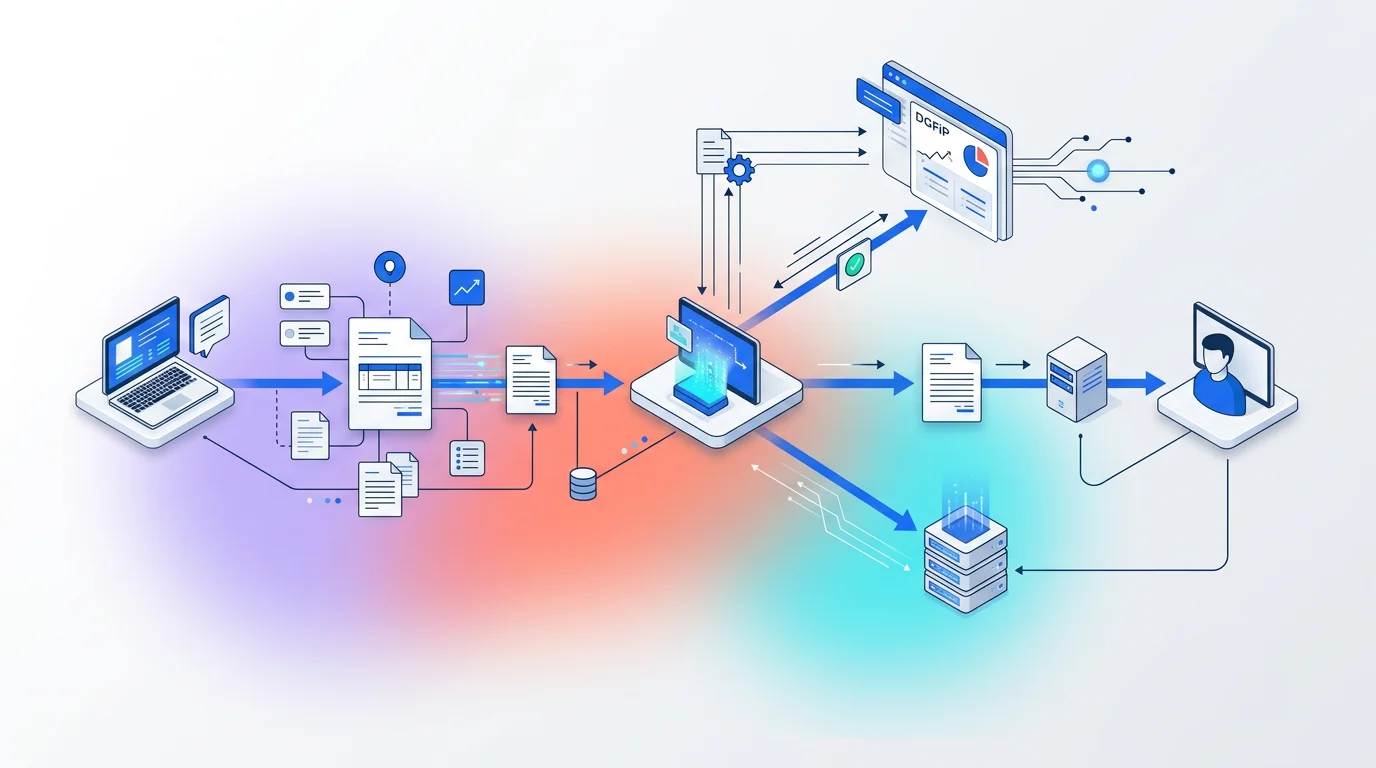 Schéma illustrant le flux de facturation électronique entre fournisseur, plateforme agréée et client avec transmission à la DGFiP Schéma illustrant le flux de facturation électronique entre fournisseur, plateforme agréée et client avec transmission à la DGFiP