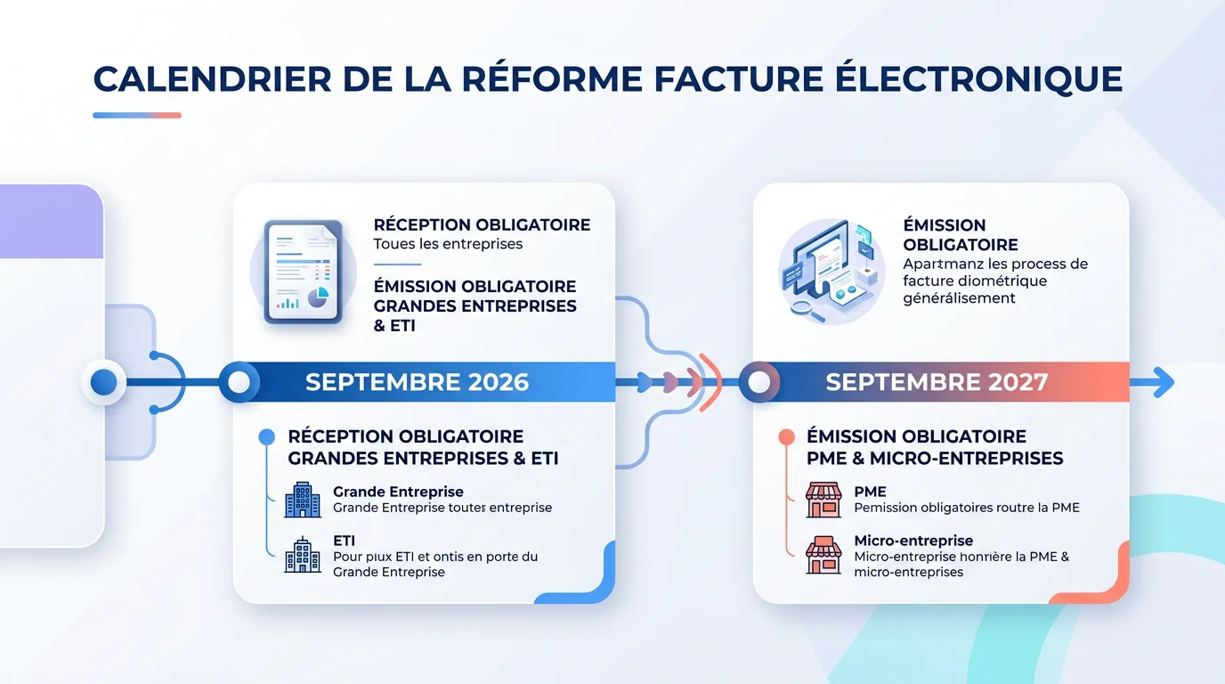 Calendrier de la réforme facture électronique avec deux échéances septembre 2026 et septembre 2027 sur frise chronologique Calendrier de la réforme facture électronique avec deux échéances septembre 2026 et septembre 2027 sur frise chronologique