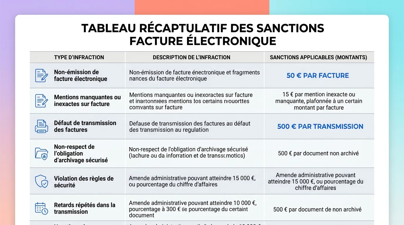 Tableau récapitulatif des sanctions facture électronique avec montants 50 euros par facture et 500 euros par transmission Tableau récapitulatif des sanctions facture électronique avec montants 50 euros par facture et 500 euros par transmission
